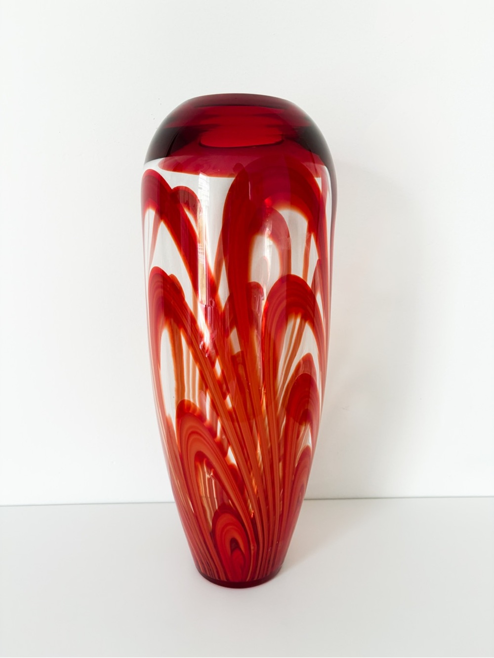 Pier 1 Imports Art Glass Vase - 14” Tall Red & Orange Swirl - NWT